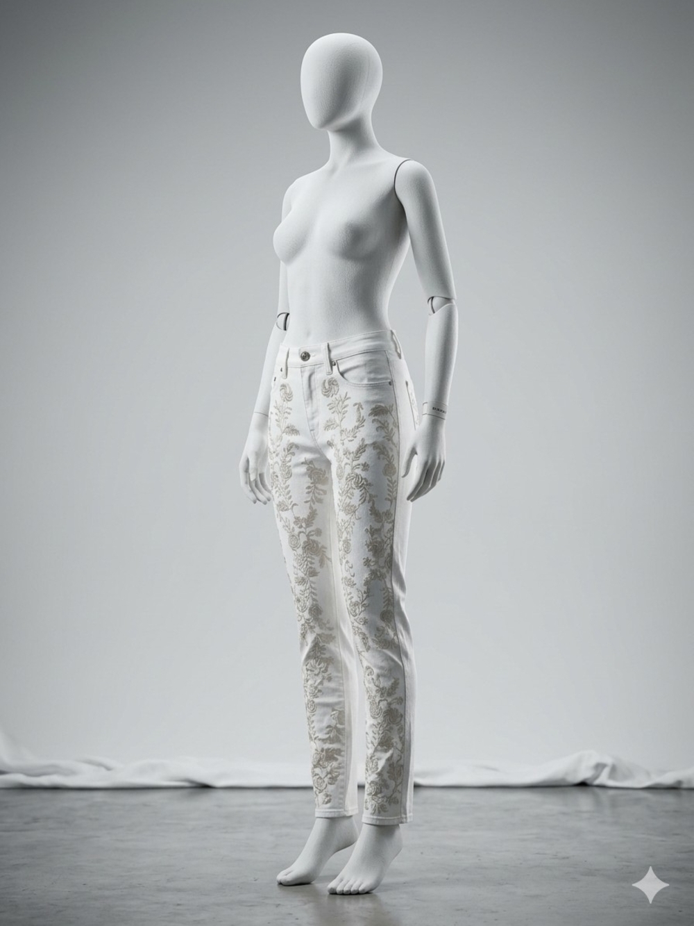 Genetic Denim White Skinny Jeans with Cream Floral Embroidery